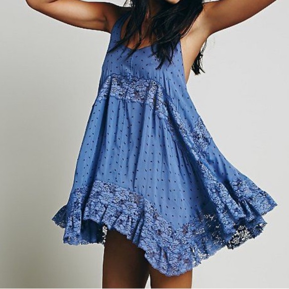 Free People Intimately Blue Lace Trim Mini Dress Size Medium - Picture 2 of 7